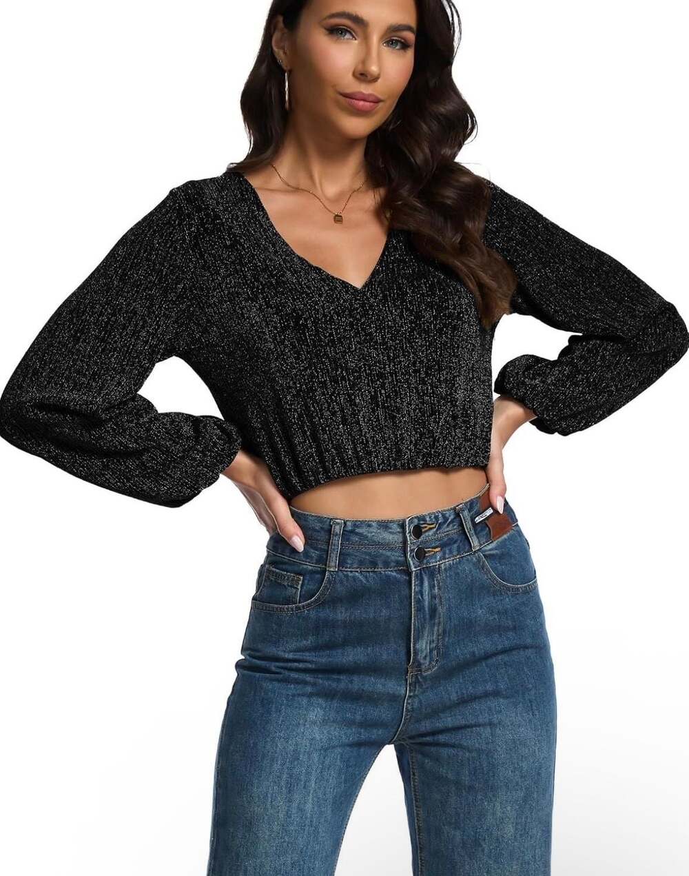 YYA Black and Silver Shimmer V-Neck Cropped Long Sleeve Sweater
